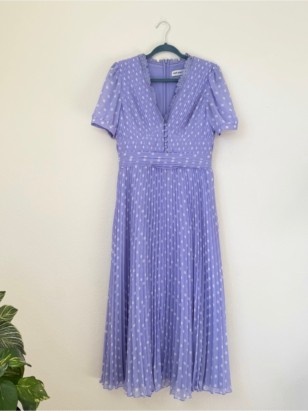 Self-Portrait Lilac Polka-Dot Print Pleated Chiffon Midi Dress US 8 - Picture 4 of 16